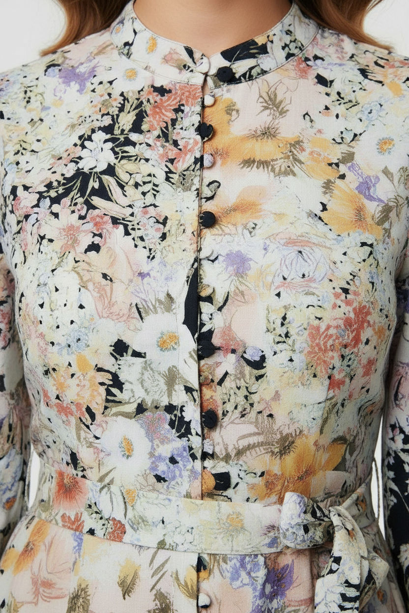 Floral Print Midi Shirt Dress in Black