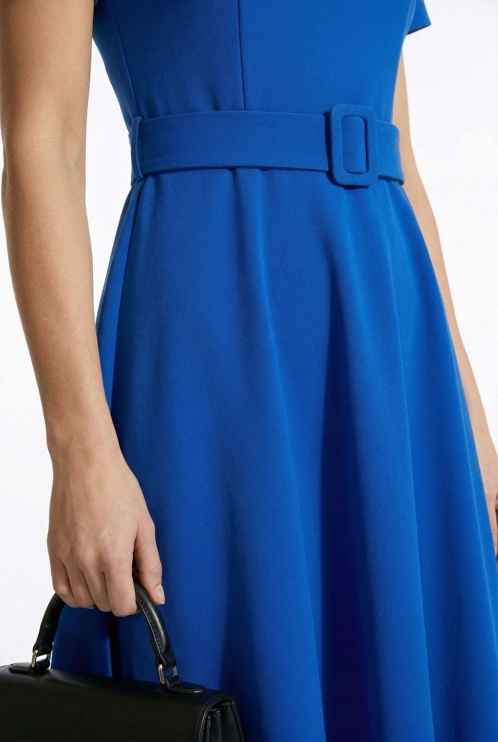 Short-Sleeve Belted Midi Dress in Cobalt