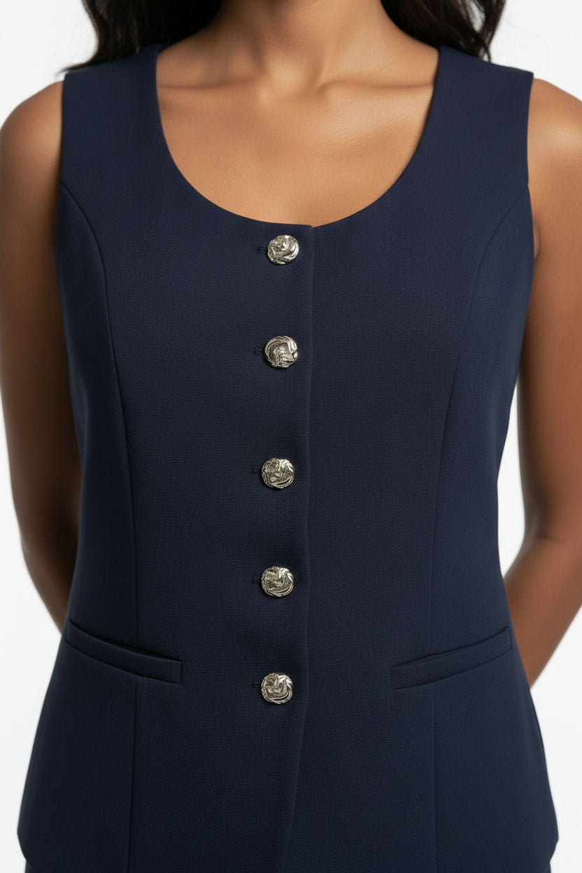 Two Piece Vest and Wide-Leg Pants Set in Navy