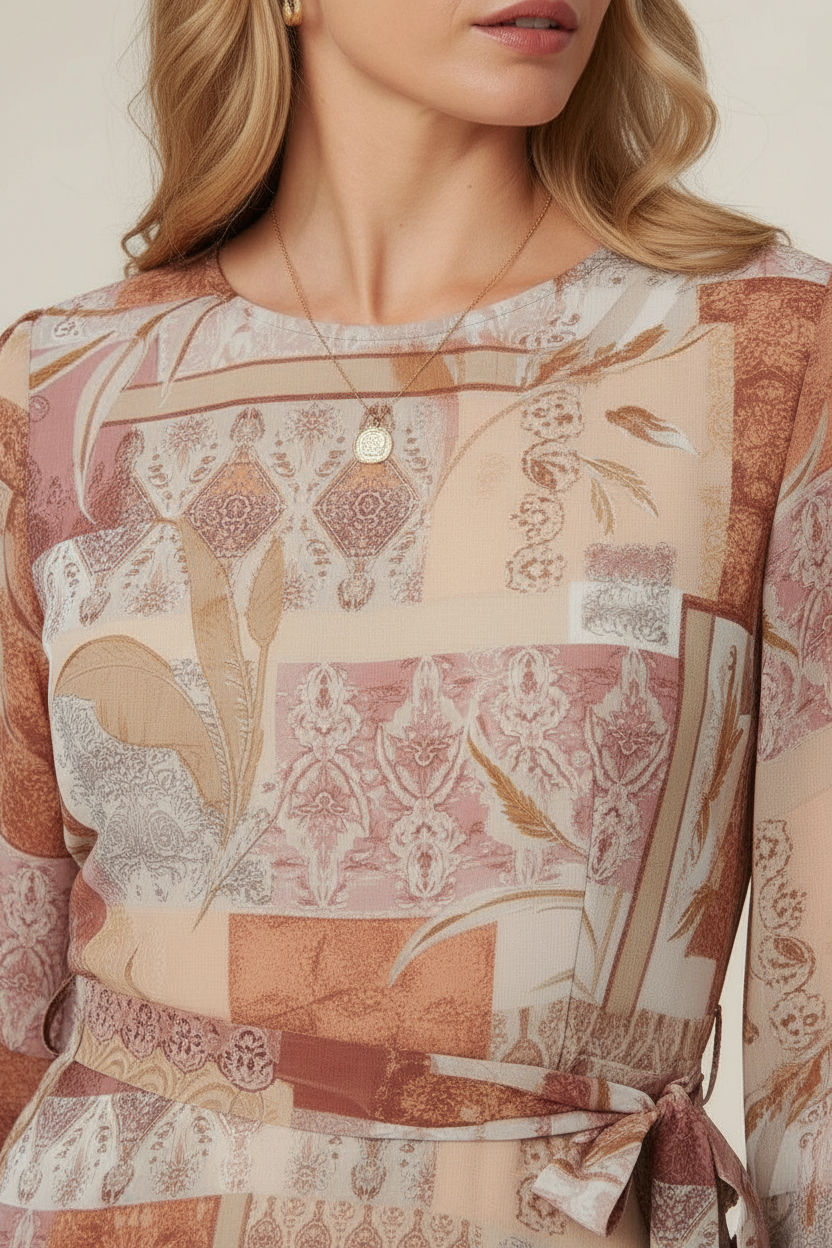 Patchwork Tie Long Sleeve Maxi Dress in Rust