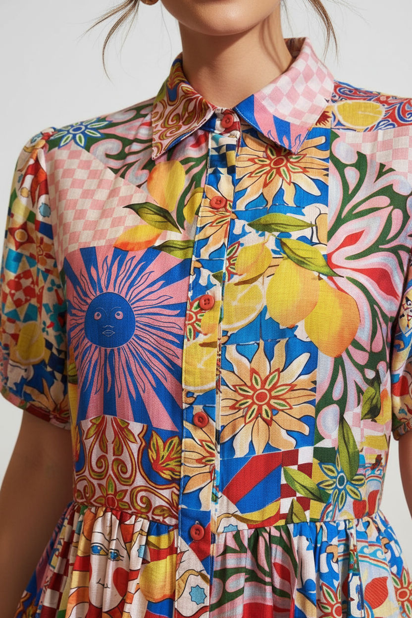 Patchwork Print Button-Down Shirt Dress