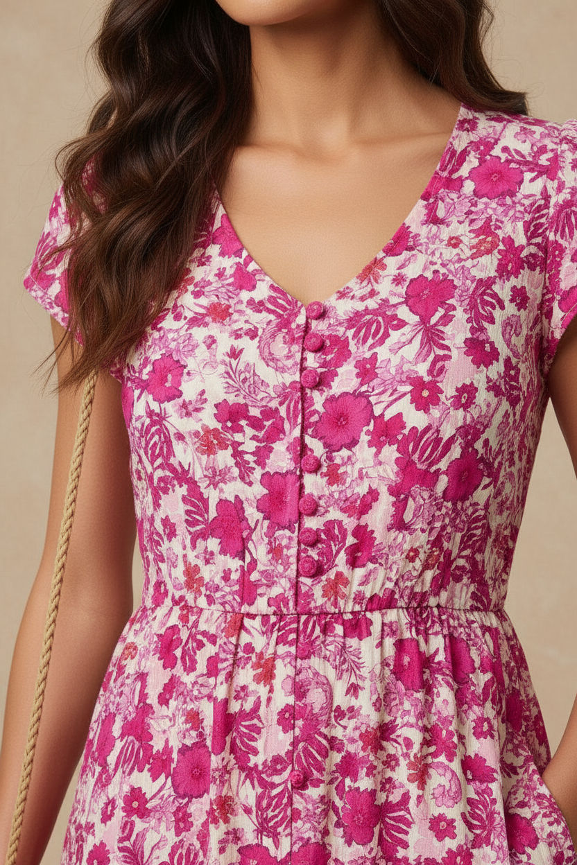 Floral V-Neck Button-Front Midi Dress