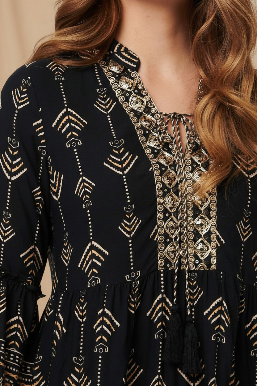 Printed Tiered Mini Dress in Black