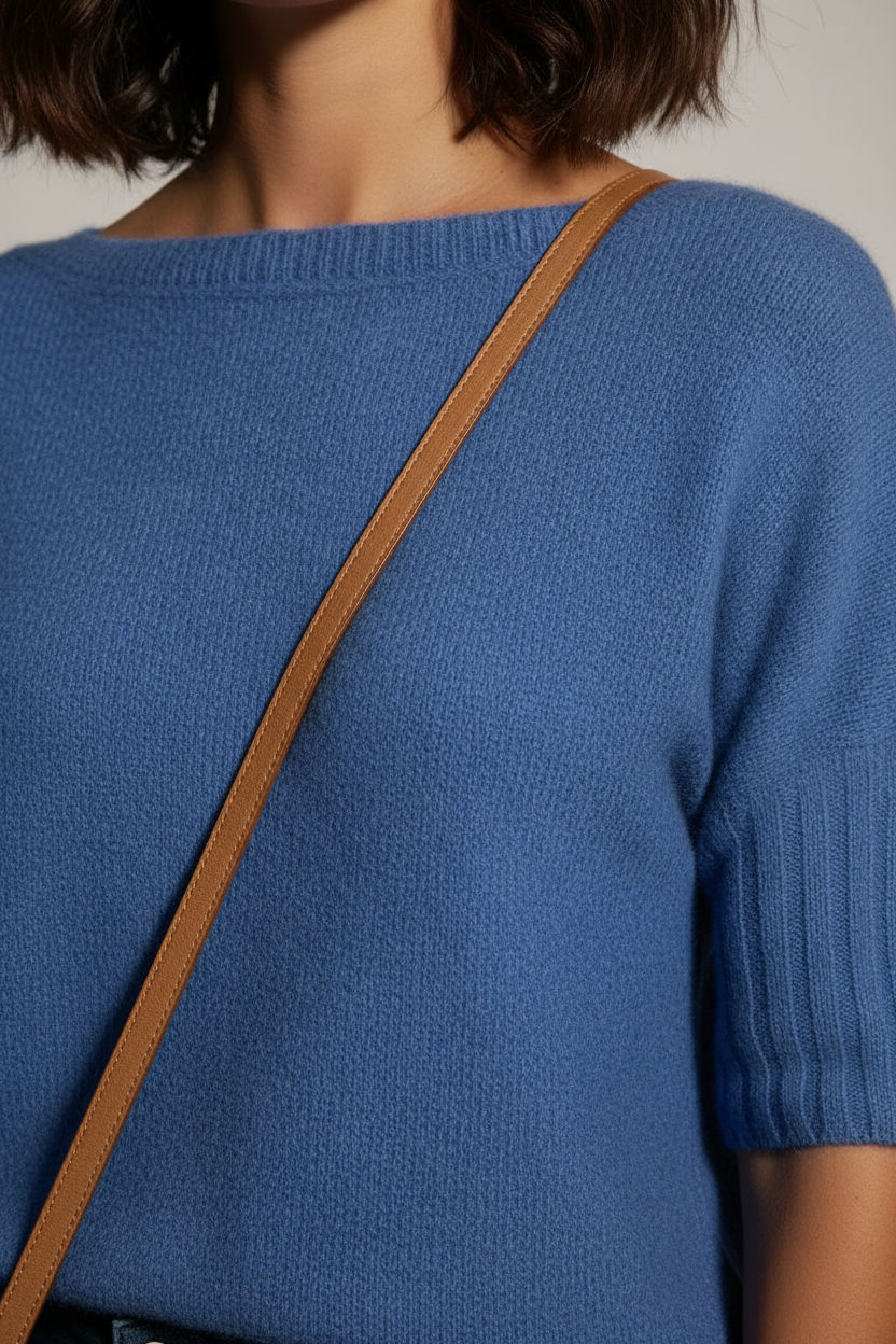 Boat Neck Short Sleeve Knit Sweater in Cornflower Blue