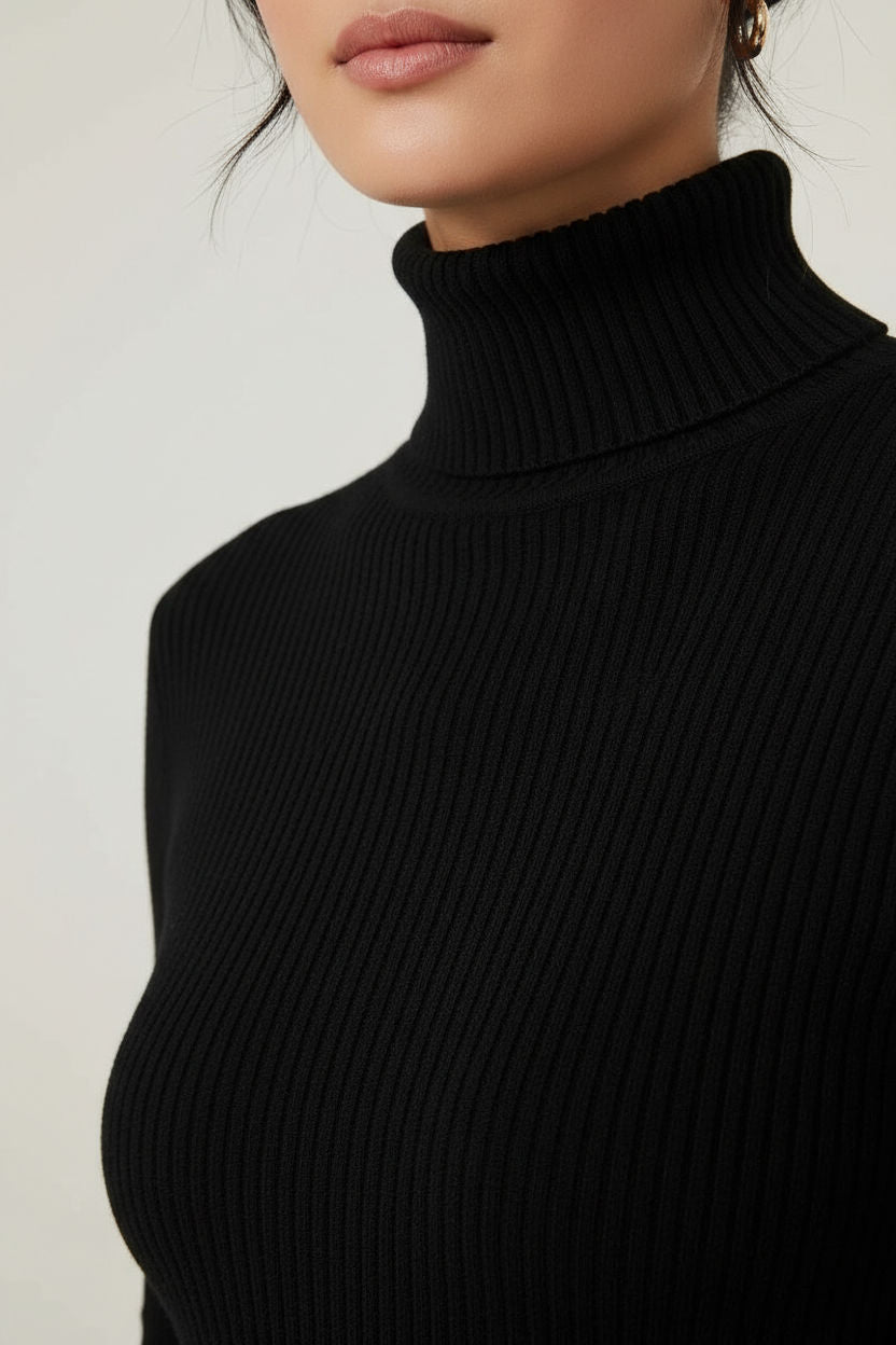 Ribbed Knit Turtleneck Midi Dress