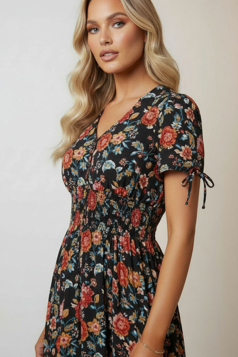 Smocked Floral Midi Dress