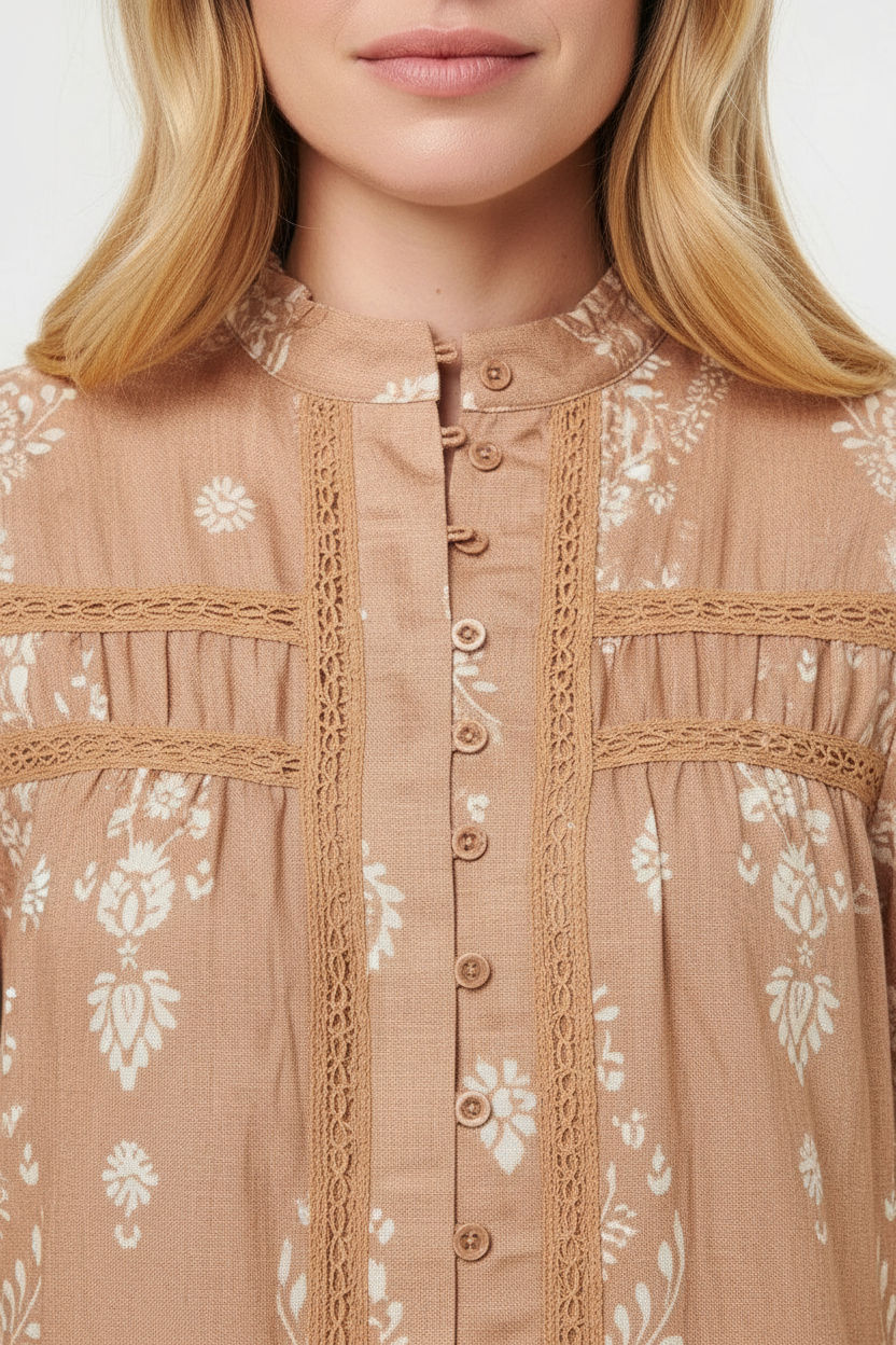 Printed Button-Front Blouse in Beige