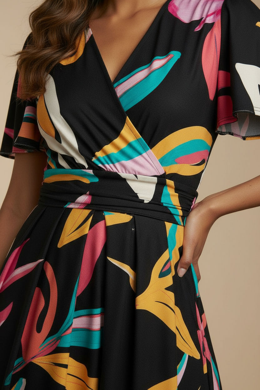 Tropical Print Flutter Sleeve Wrap Midi Dress
