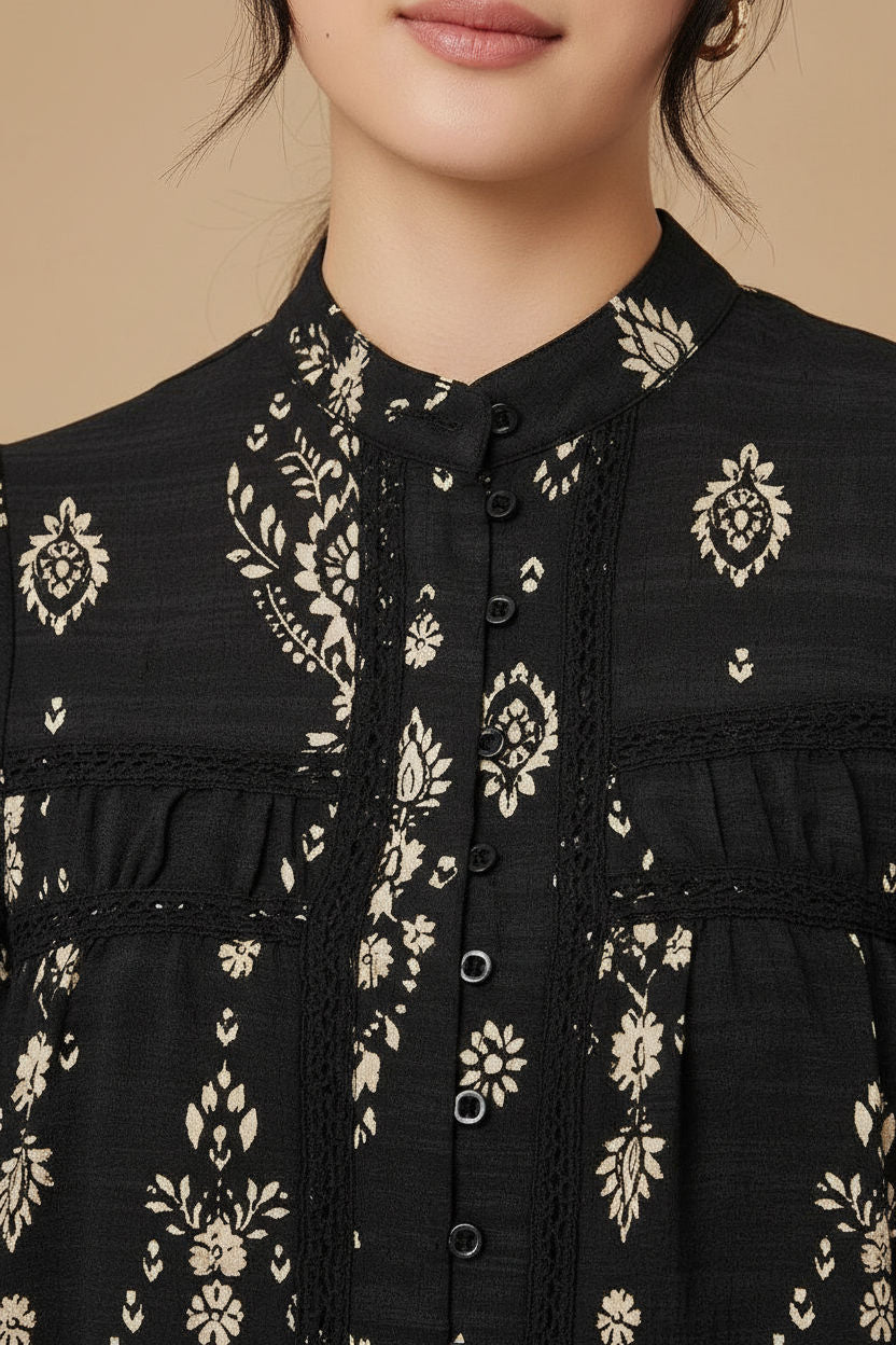 Printed Lace Trim Long Sleeve Blouse in Black