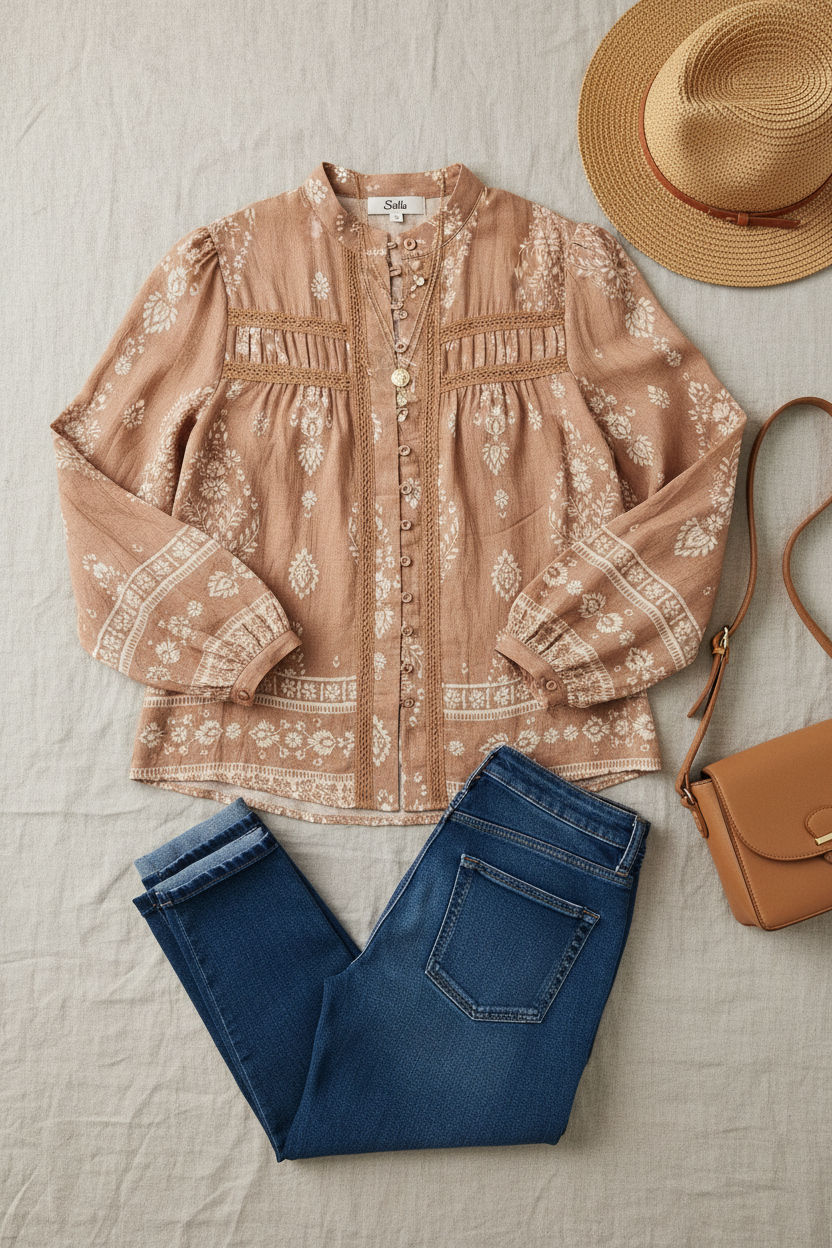 Printed Button-Front Blouse in Beige