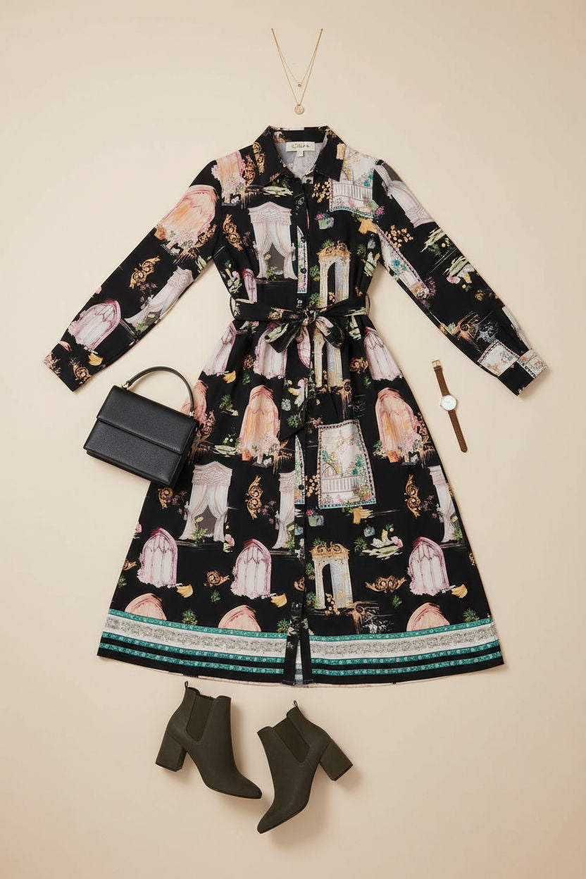 Abstract Long Sleeve Shirt Midi Dress in Black