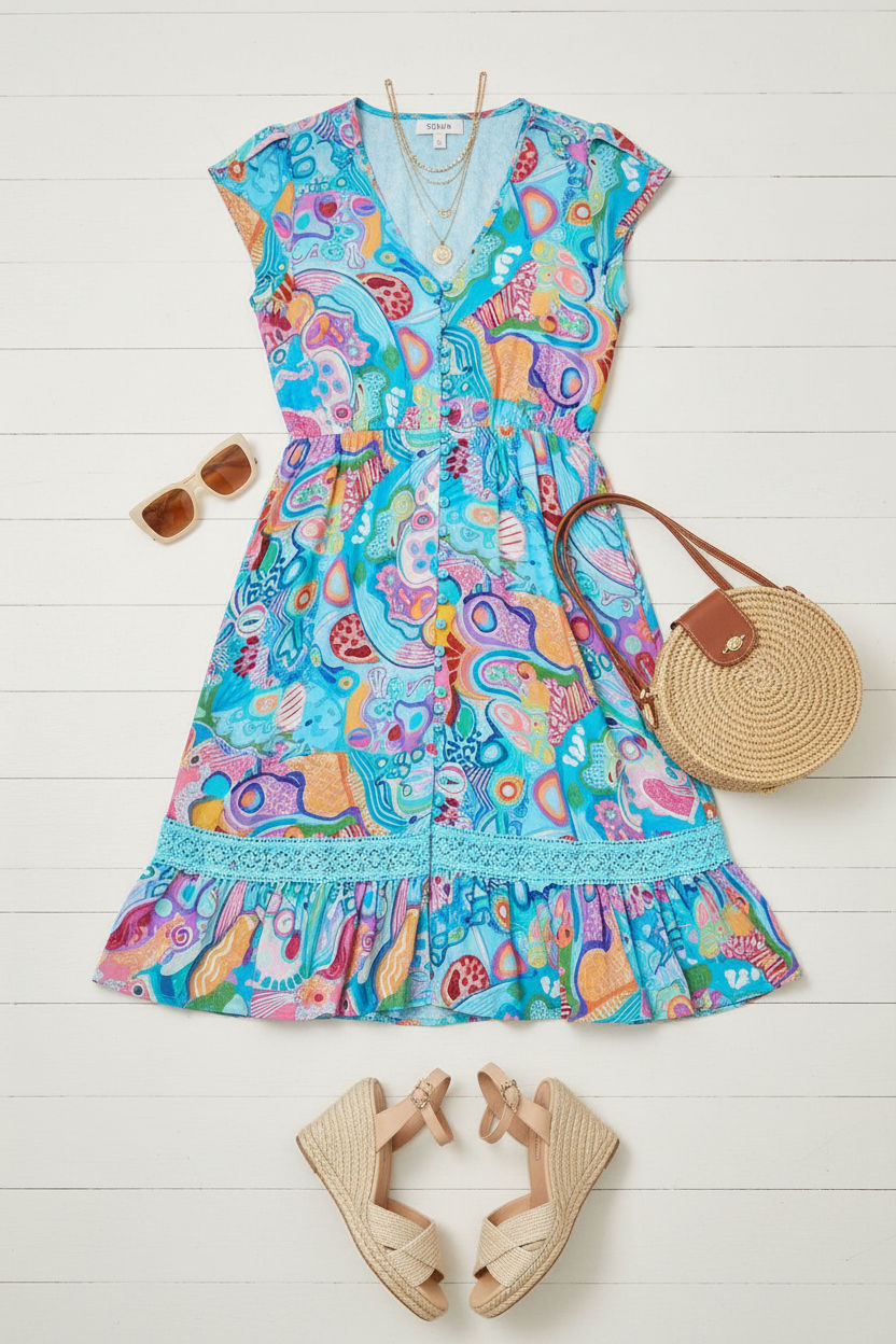 V-Neck Button-Front Printed Dress