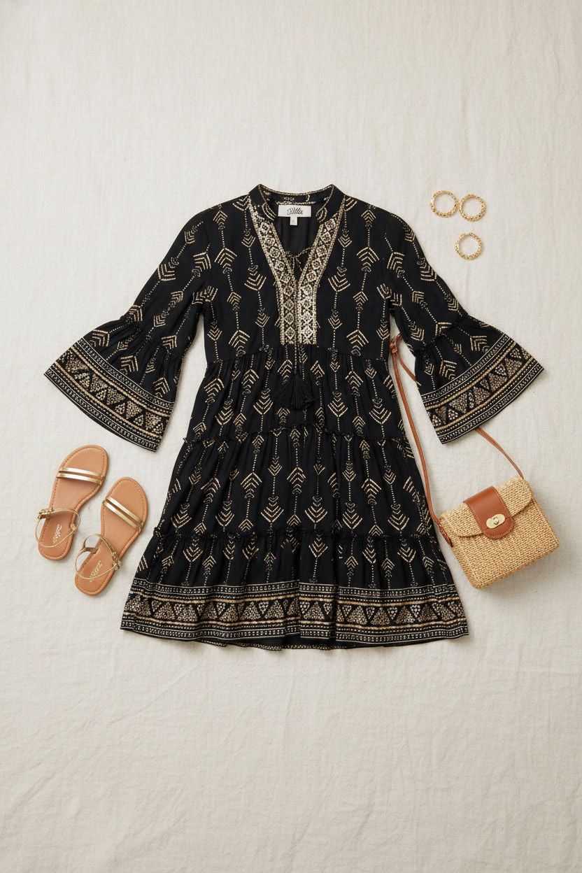 Printed Tiered Mini Dress in Black