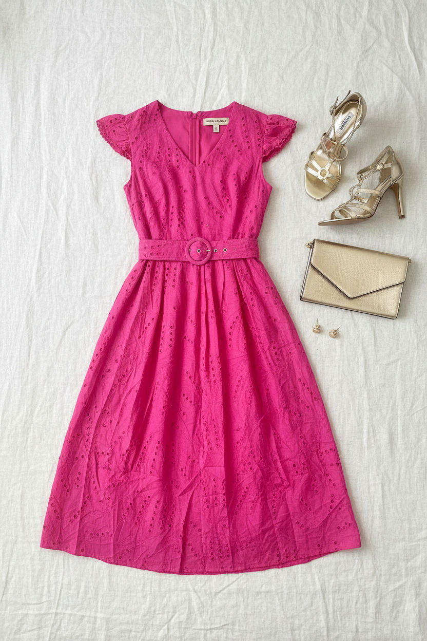 Eyelet V-neck Midi Dress in Pink