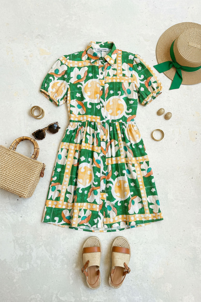 Short-Sleeved Abstract Print Shirt Dress