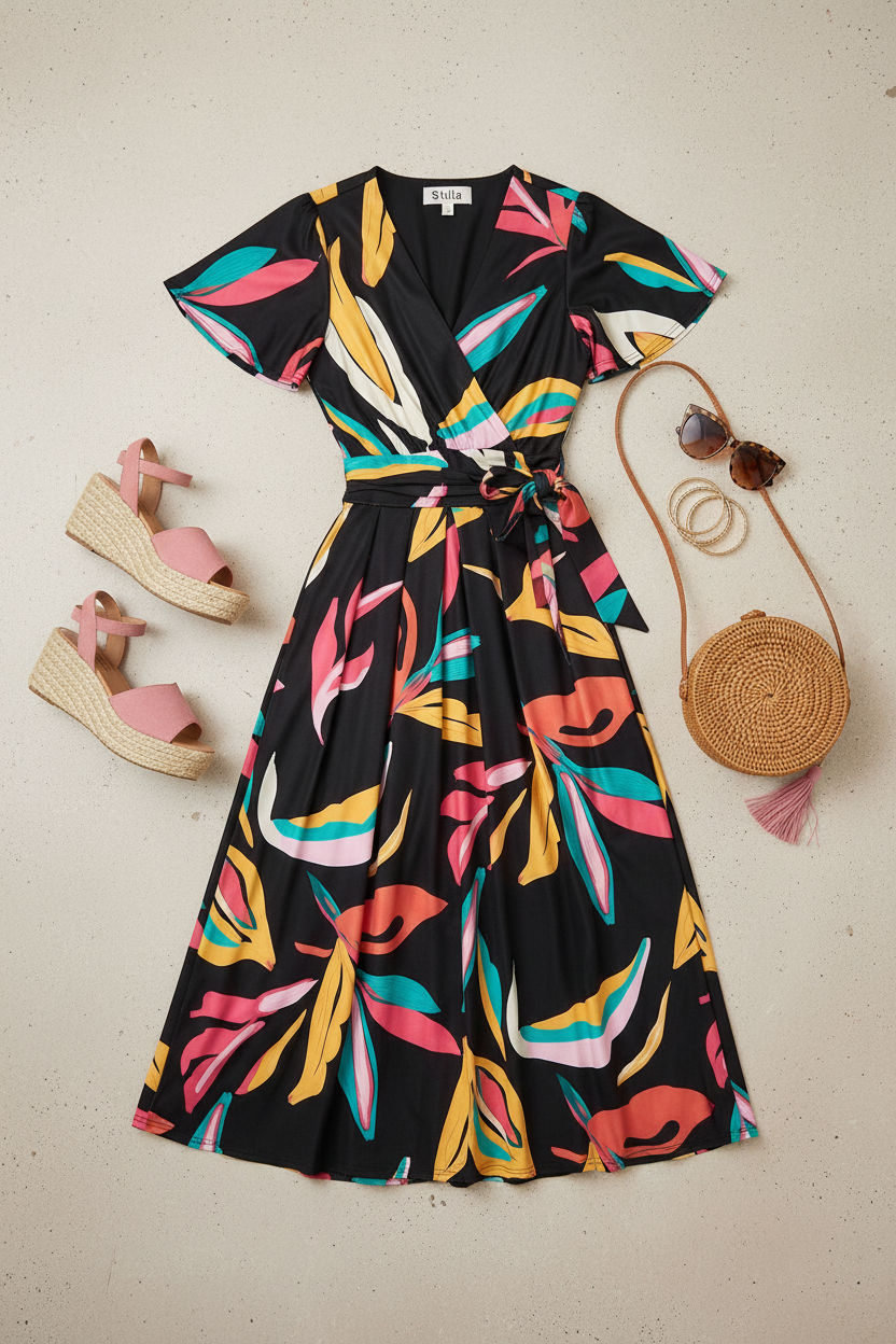 Tropical Print Flutter Sleeve Wrap Midi Dress