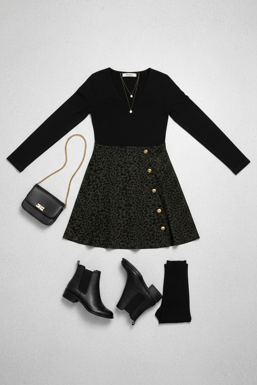 Animal Print Long Sleeve Skater Dress in Black