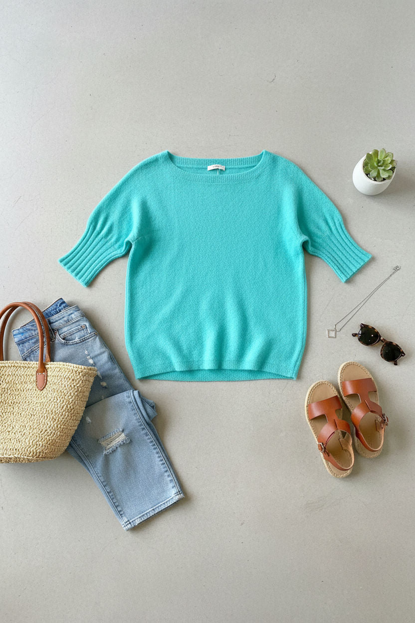 Boat Neck Short Sleeve Knit Sweater