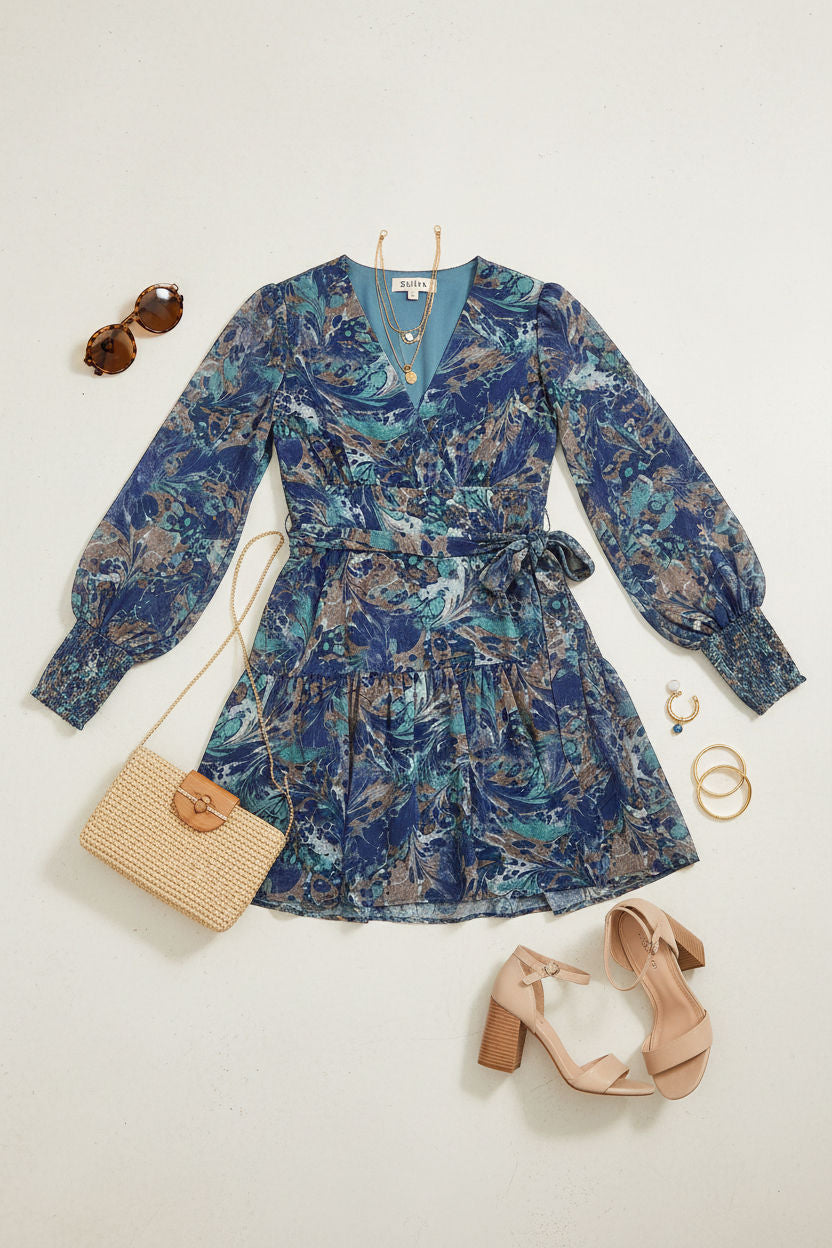Printed Long Sleeve Mini Dress in Blue