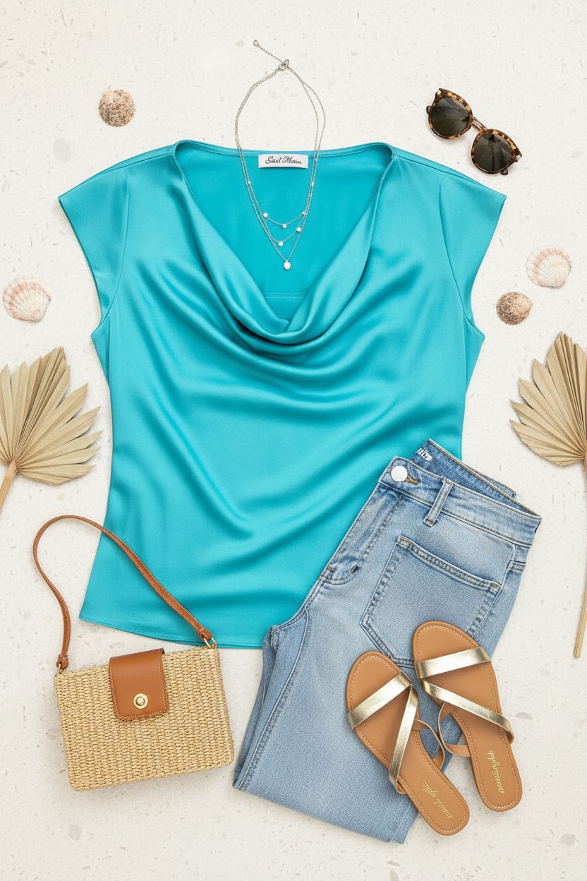 Satin Cowl Neck Cap Sleeve Top