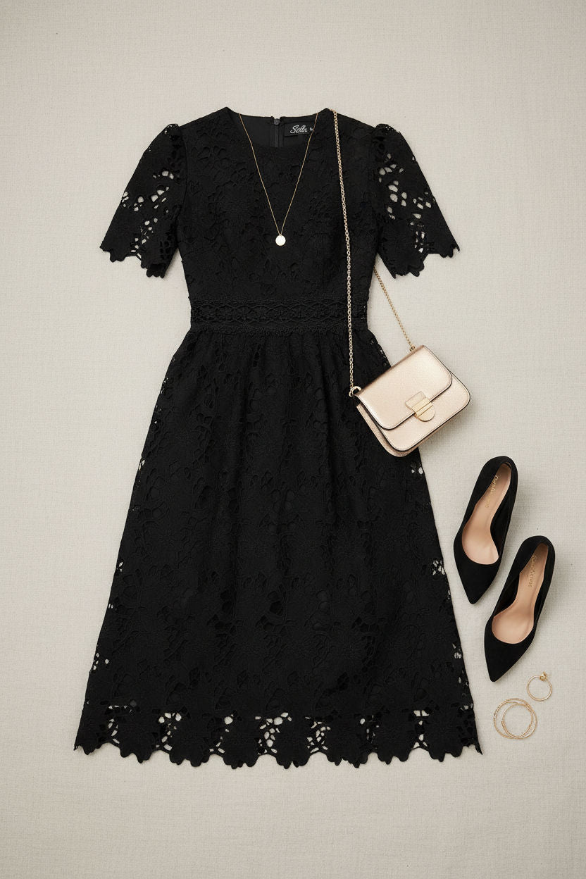 Floral Lace Midi Dress in Black
