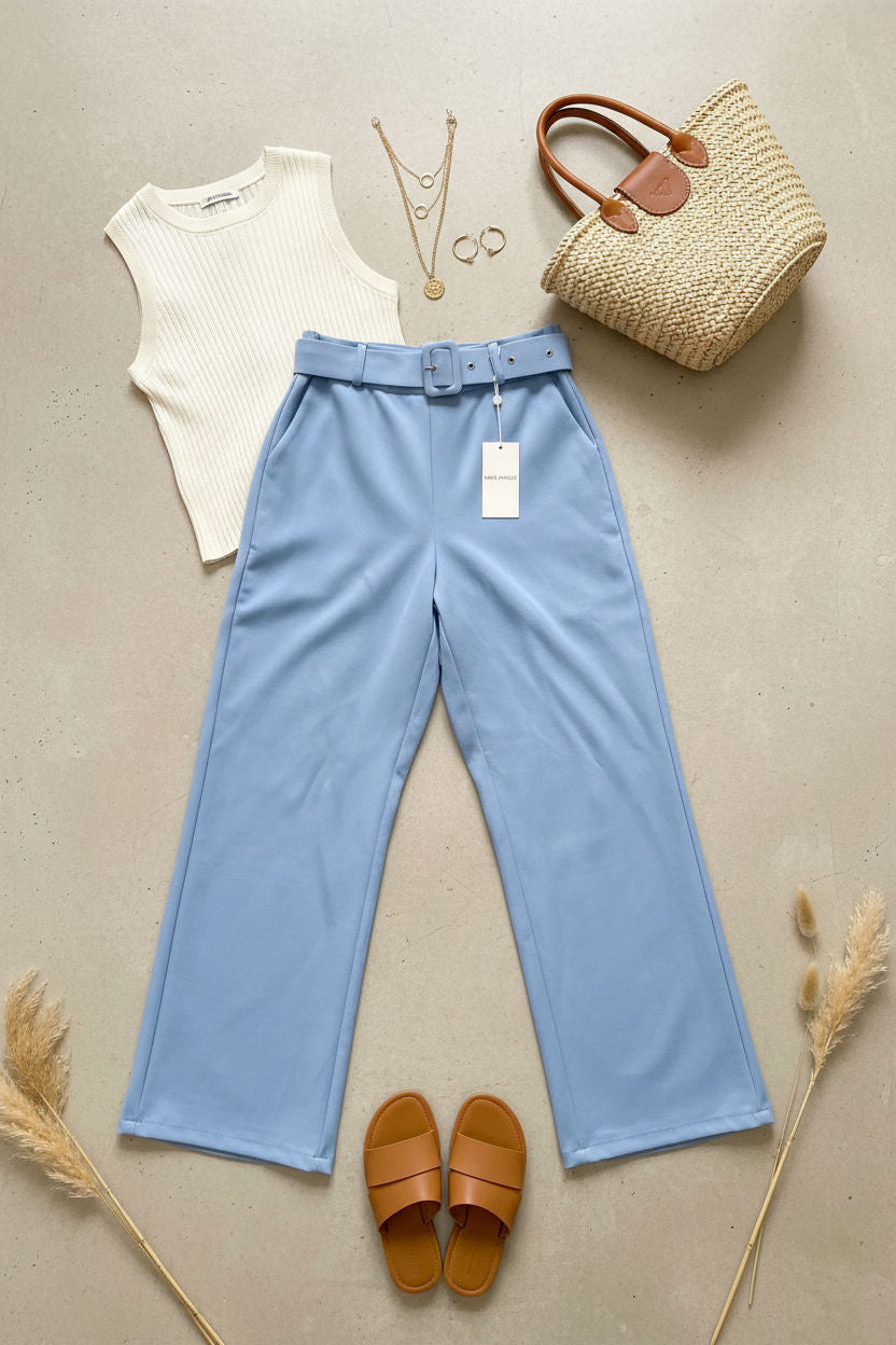 Maggie Stretch Wide Leg Belt Trouser in Sky Blue