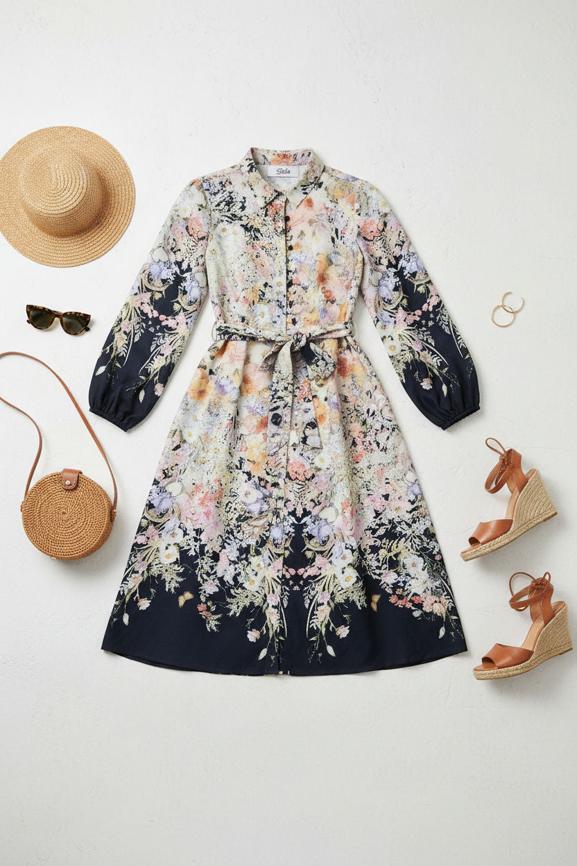 Floral Print Midi Shirt Dress in Black