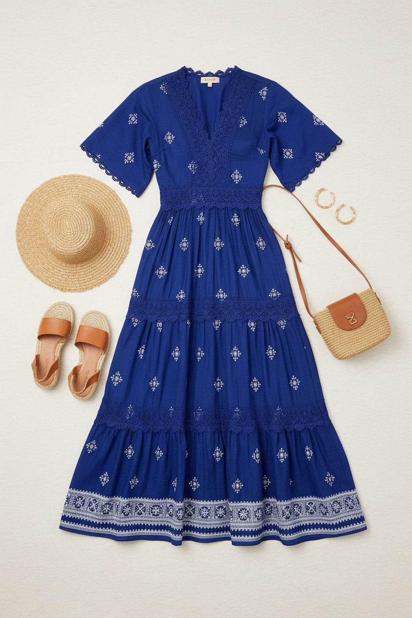 Embroidered Lace Trim Tiered Maxi Dress