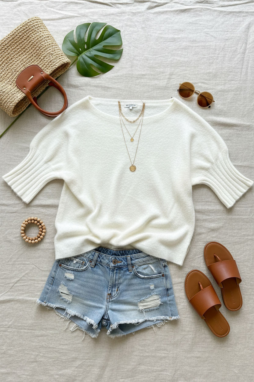 Boat Neck Short Sleeve Knit Sweater in Cream
