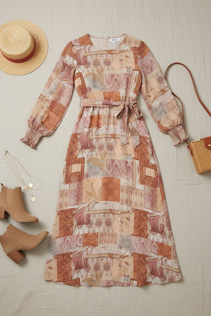 Patchwork Tie Long Sleeve Maxi Dress in Rust