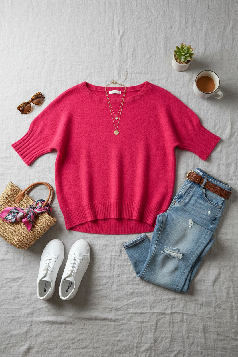 Boat Neck Short Sleeve Knit Sweater