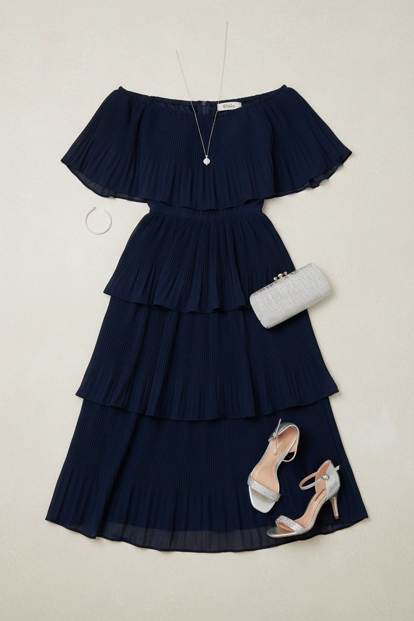 Off-Shoulder Pleated Tiered Midi Dress