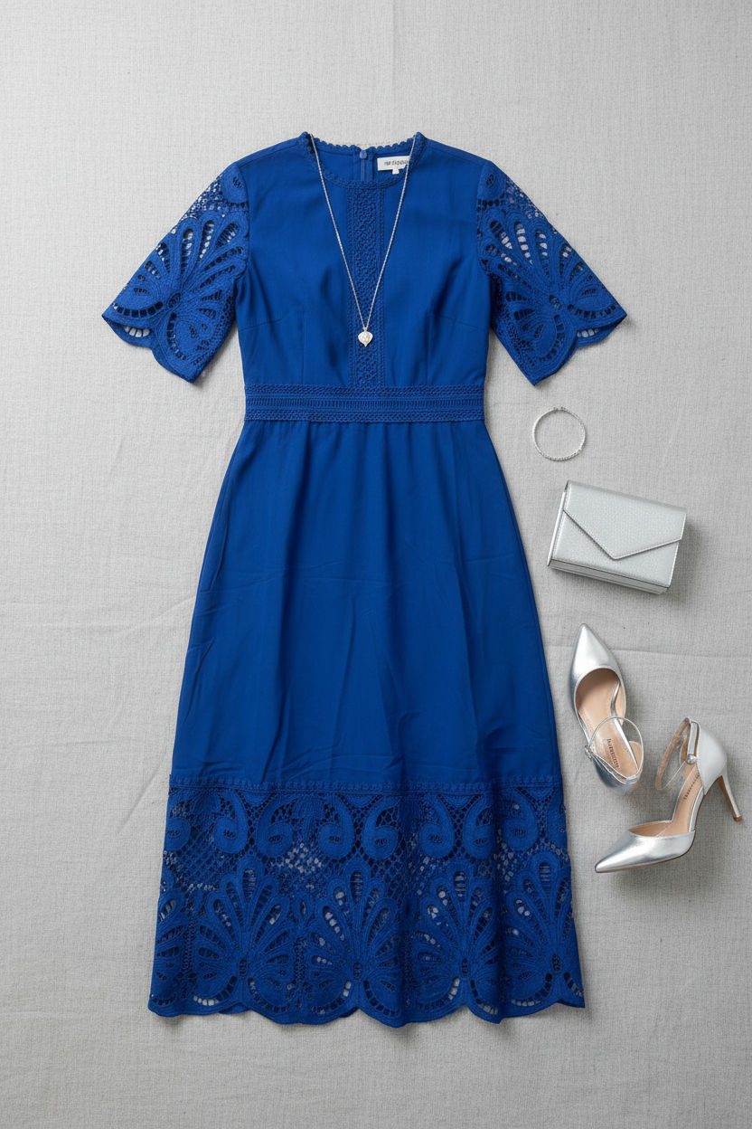 Eyelet Lace Midi Dress in Royal Blue