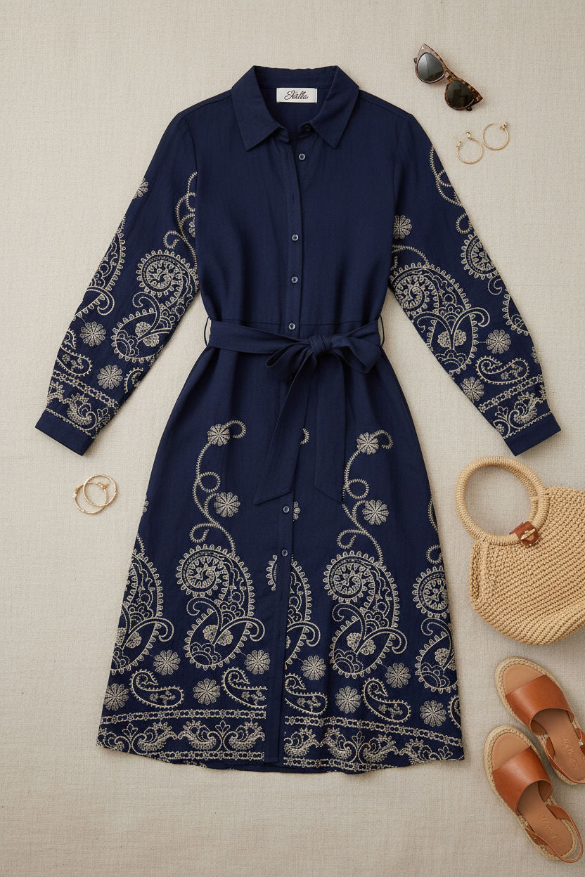 Embroidered Tie-Waist Shirt Dress