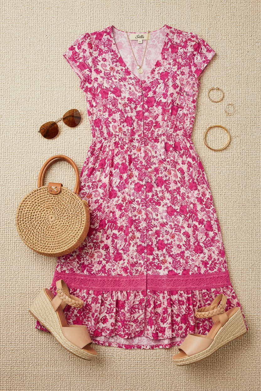 Floral V-Neck Button-Front Midi Dress