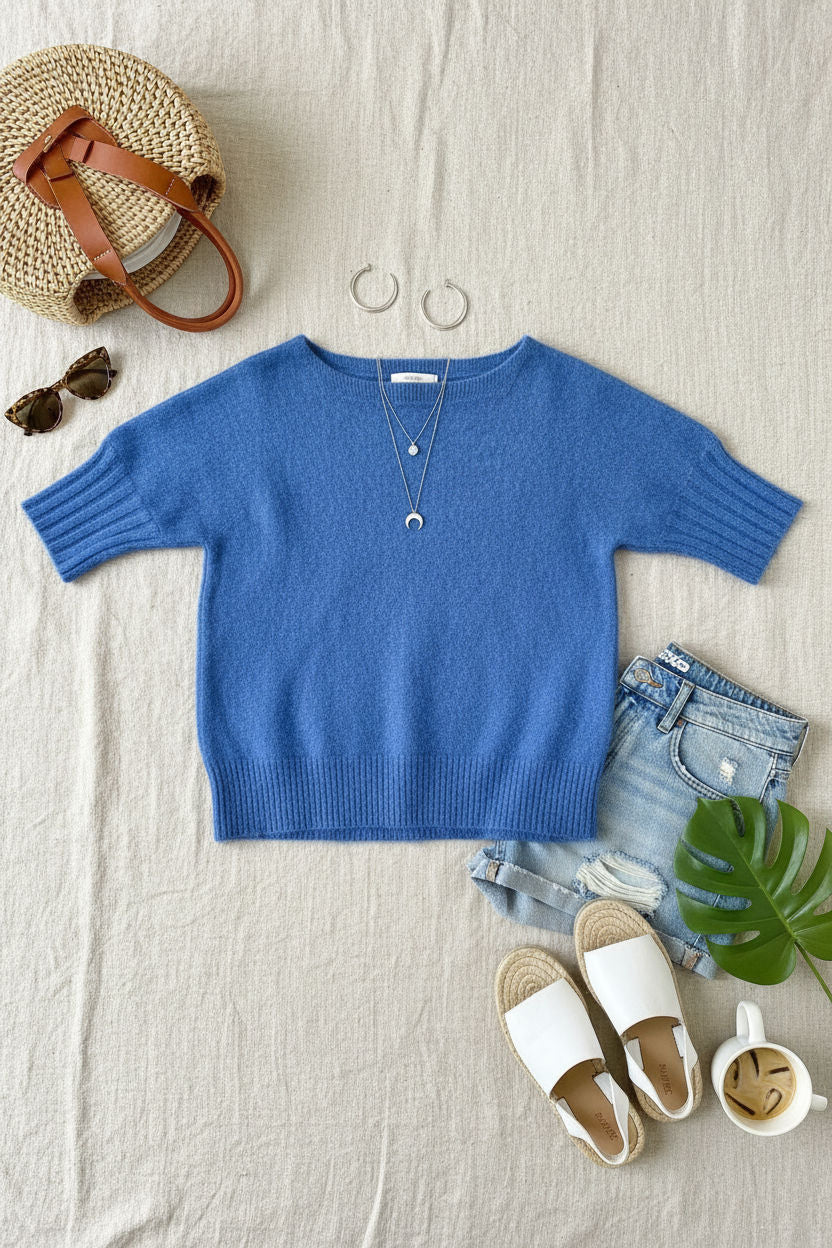 Boat Neck Short Sleeve Knit Sweater in Cornflower Blue