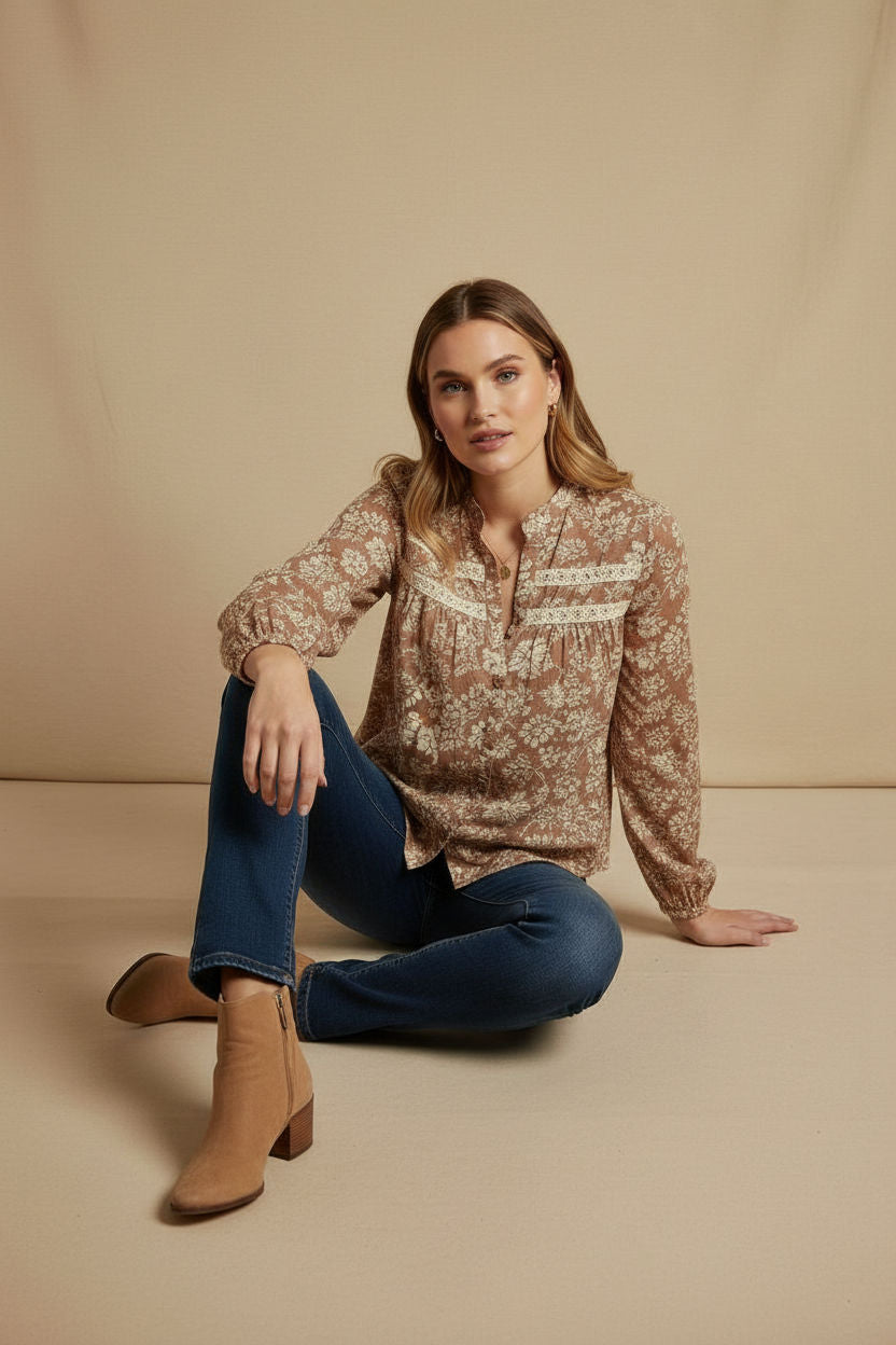 Printed Button-Front Blouse in Beige