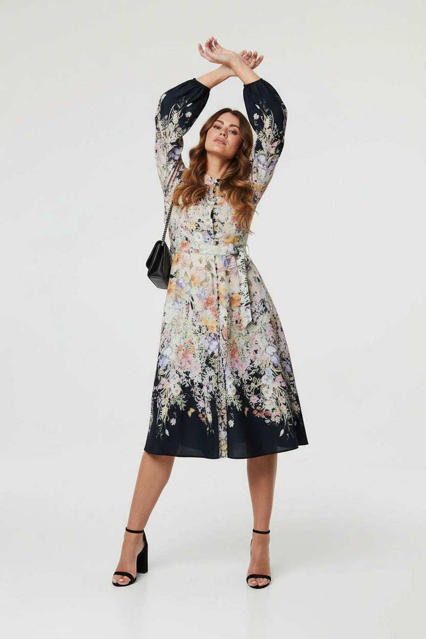 Floral Print Midi Shirt Dress in Black