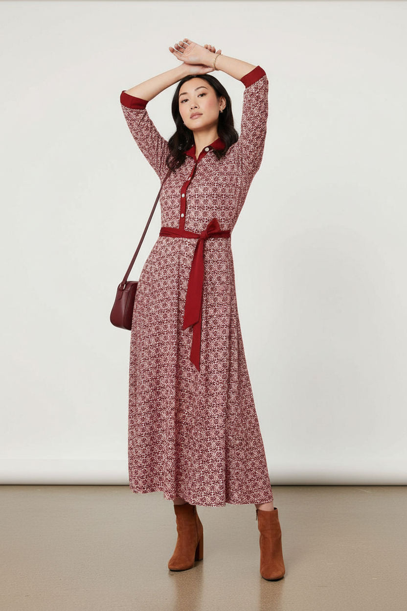 Printed 3/4 Sleeve Tie Waist Maxi Dress in Pink
