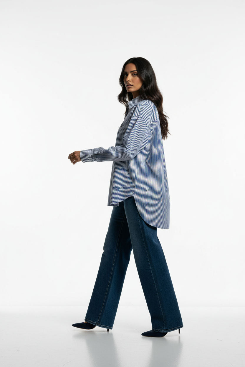 Collared Button-Up Shirt in Navy Stripe