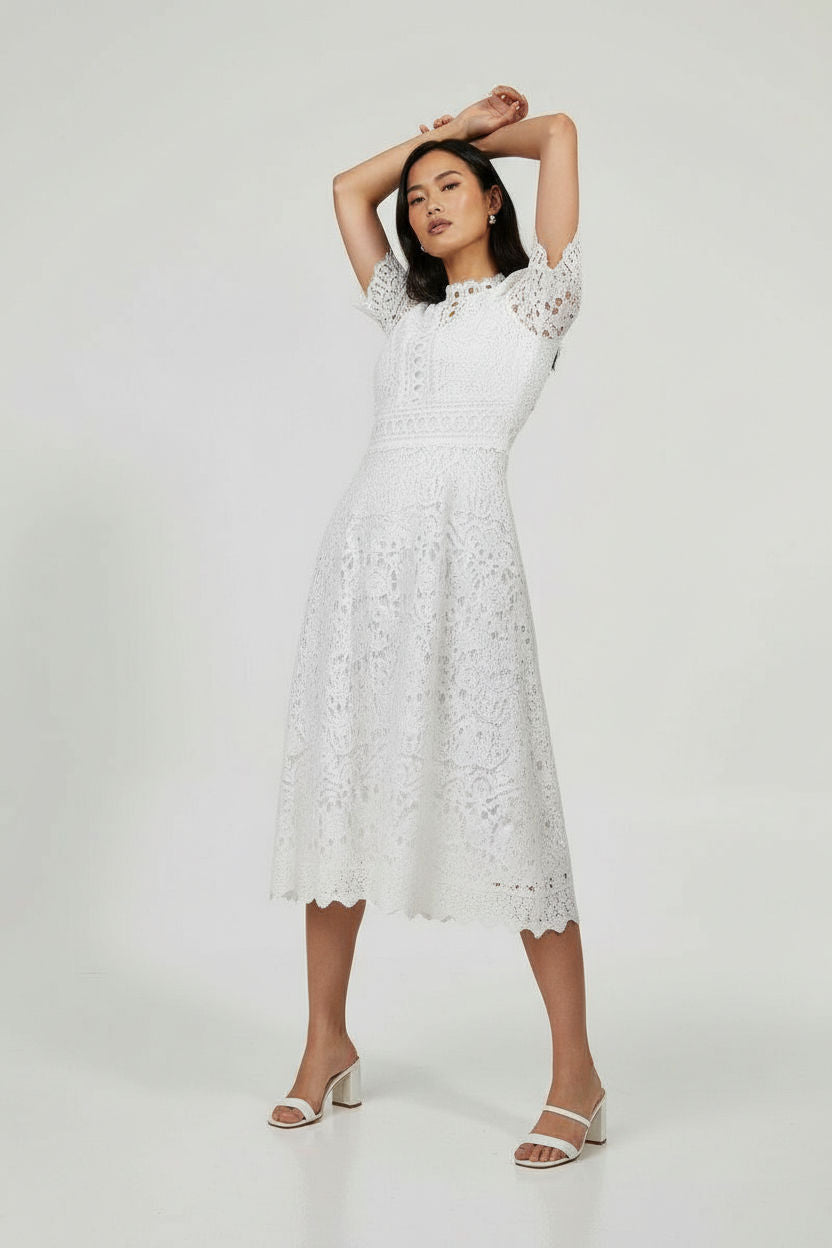 Floral Lace Midi Dress in White
