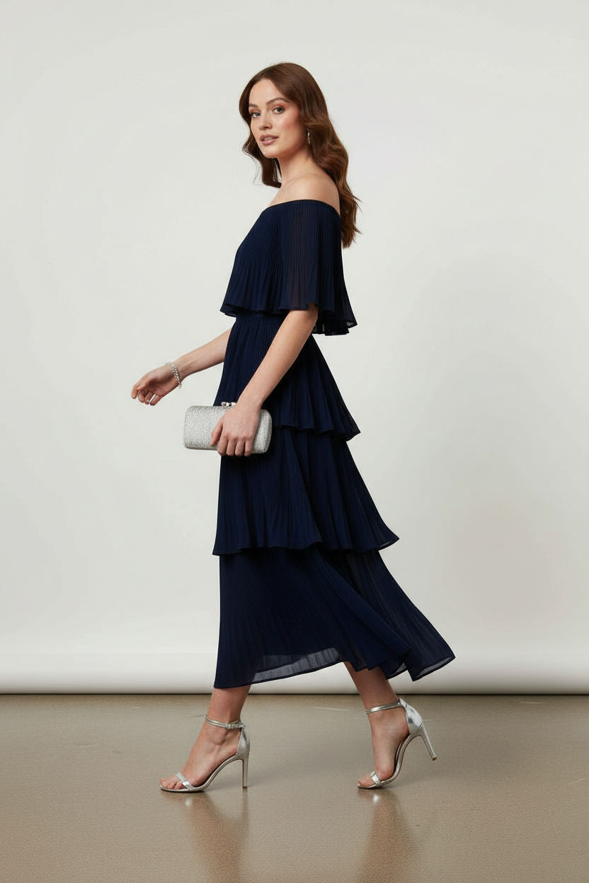 Off-Shoulder Pleated Tiered Midi Dress