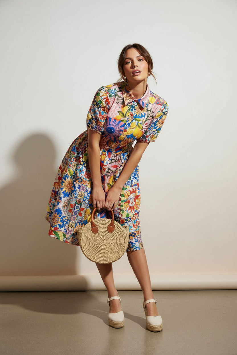 Patchwork Print Button-Down Shirt Dress