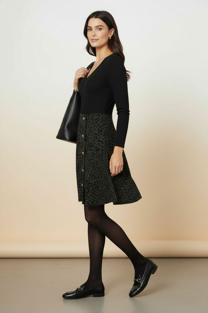 Animal Print Long Sleeve Skater Dress in Black