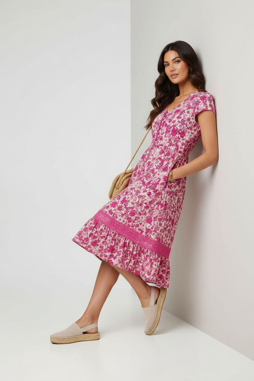 Floral V-Neck Button-Front Midi Dress