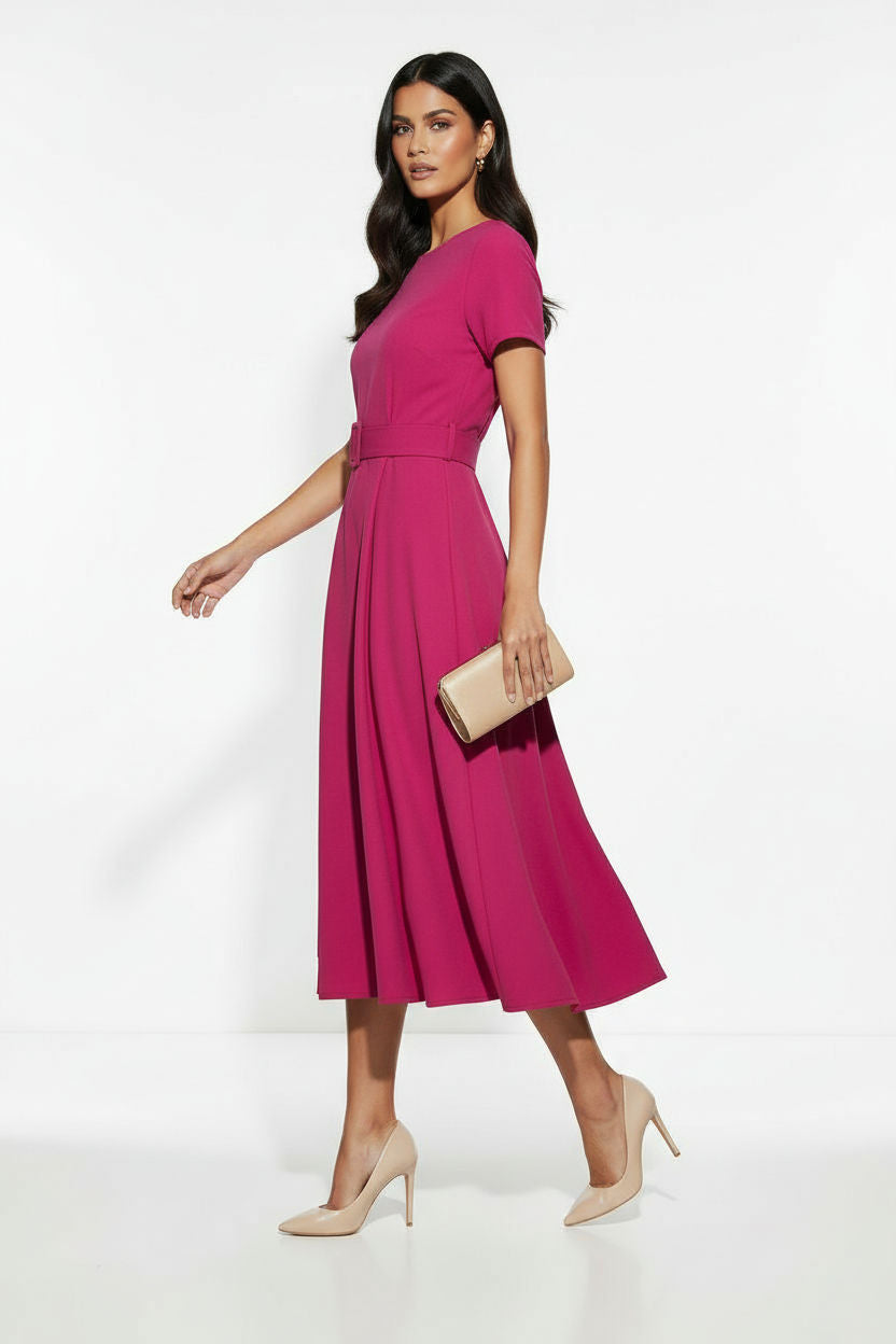 Short-Sleeve Belted Midi Dress in Magenta
