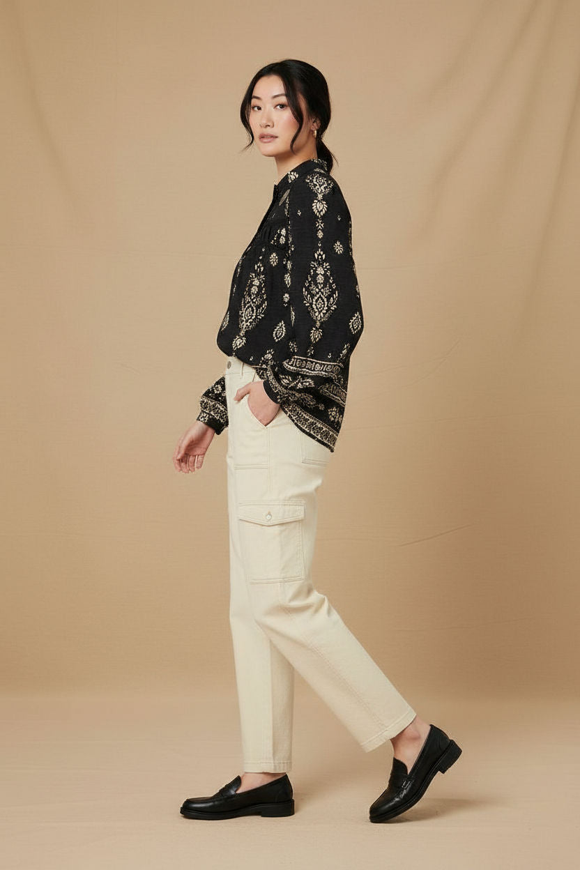 Printed Lace Trim Long Sleeve Blouse in Black