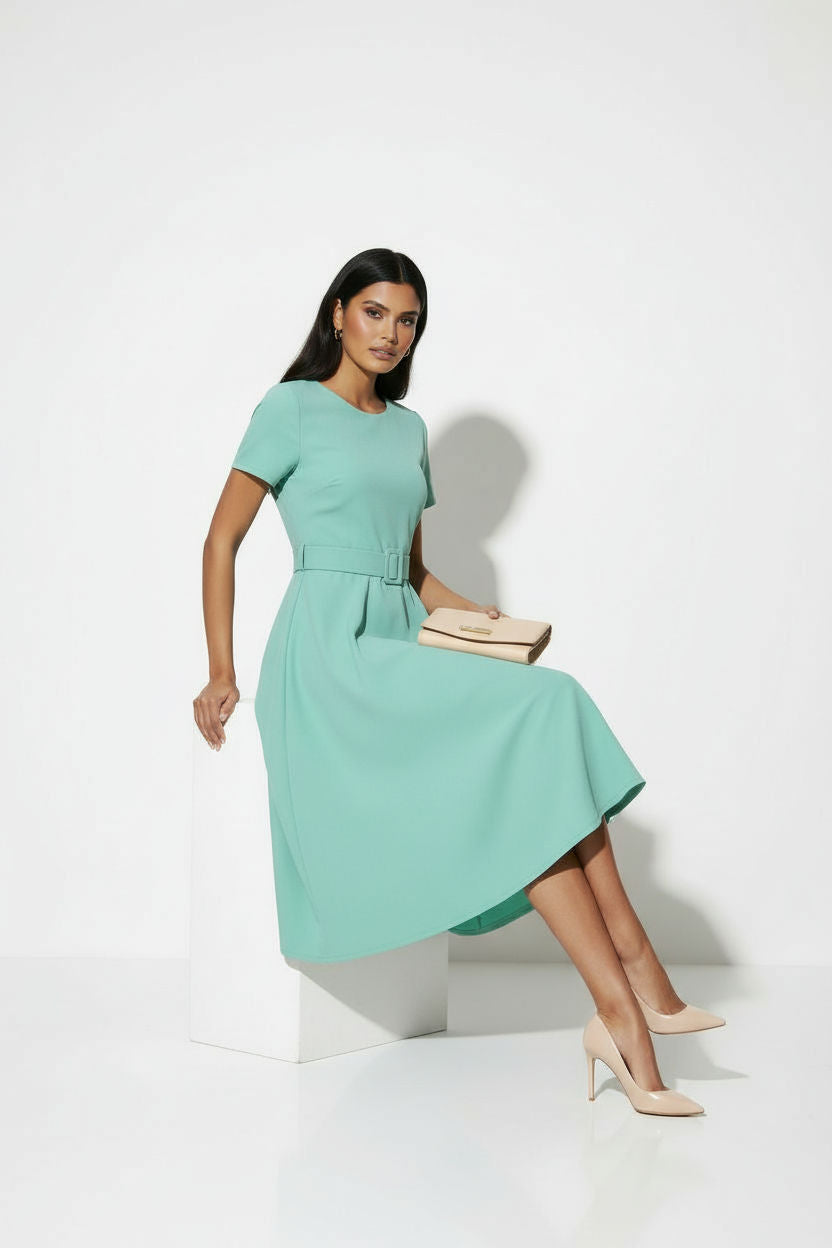 Short Sleeve Belted Midi Dress in Mint