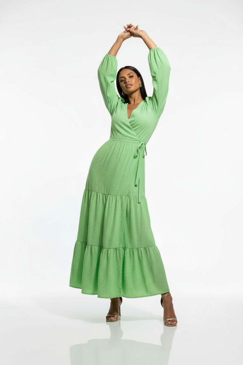 Textured Tiered Wrap Maxi Dress