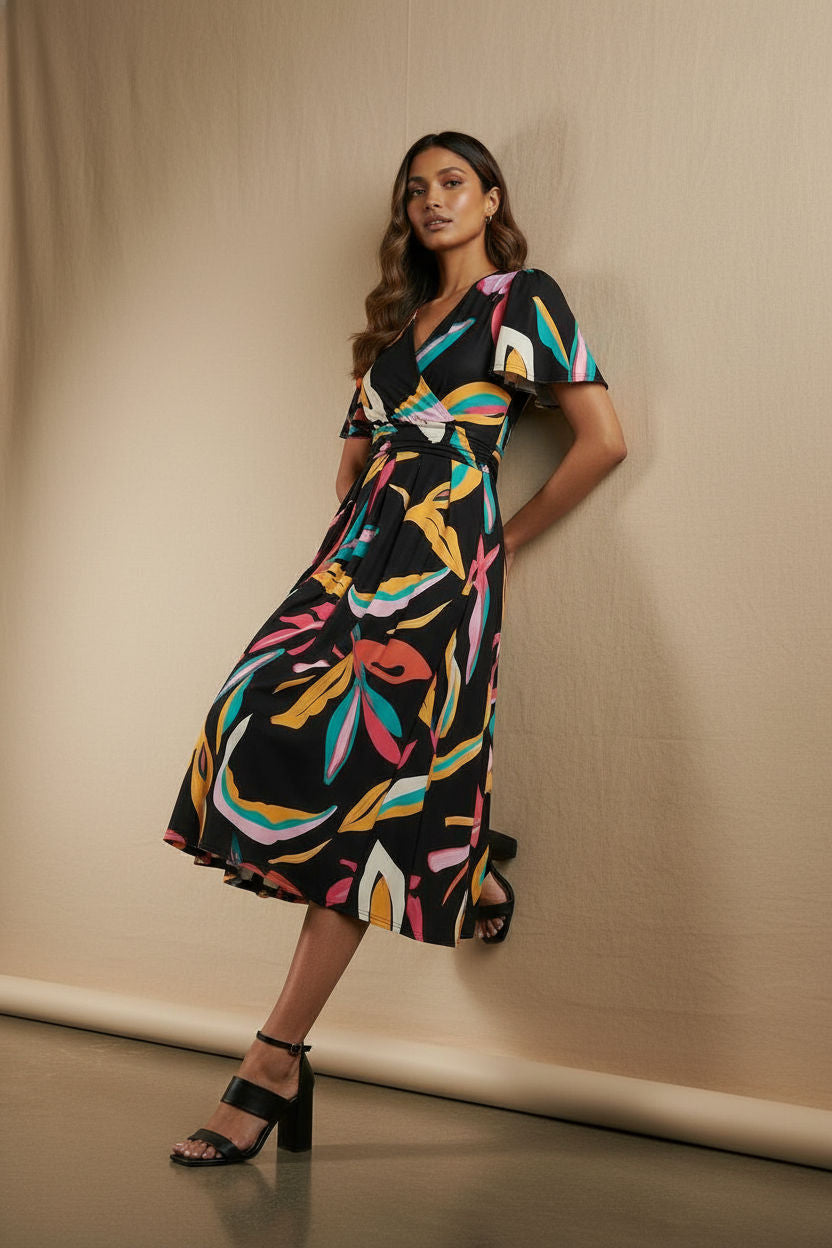 Tropical Print Flutter Sleeve Wrap Midi Dress